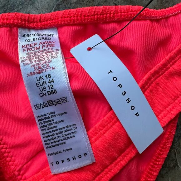 TOPSHOP Wide Rib Longline Bikini Top NWT Tie Front Size 12 Neon Coral - Picture 5 of 5